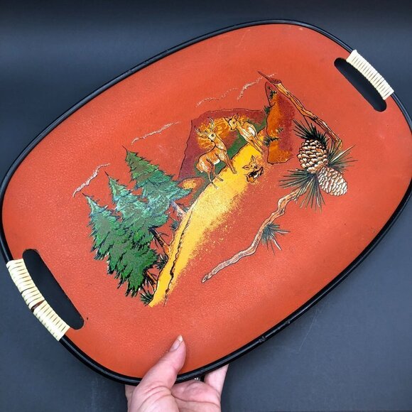 60s Fiberware Serving Tray Hand Painted Woodland Mountain Scene Deer Family - Picture 8 of 10